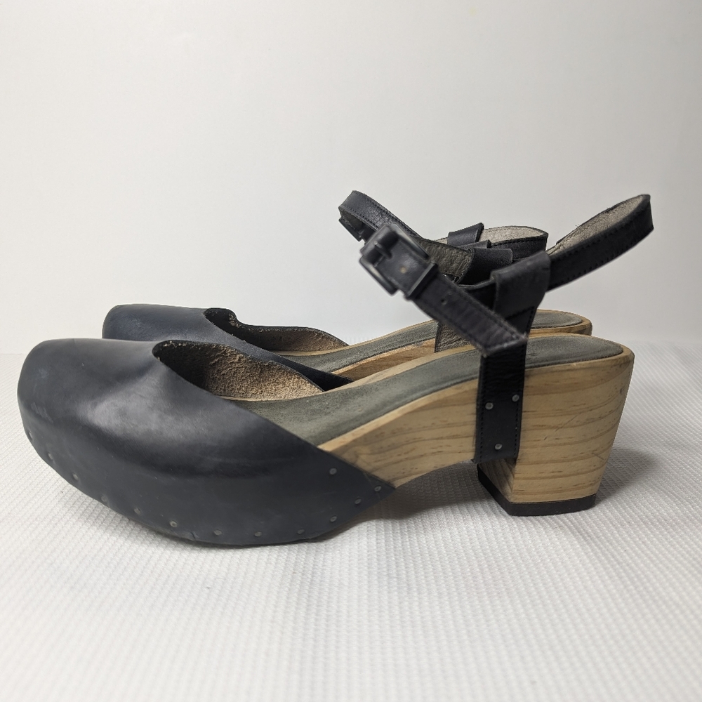 Vialis Black Leather Clogs Wood Heel Handmade in Spain Women's Size 6.5 / EUR 37 - Picture 3 of 14